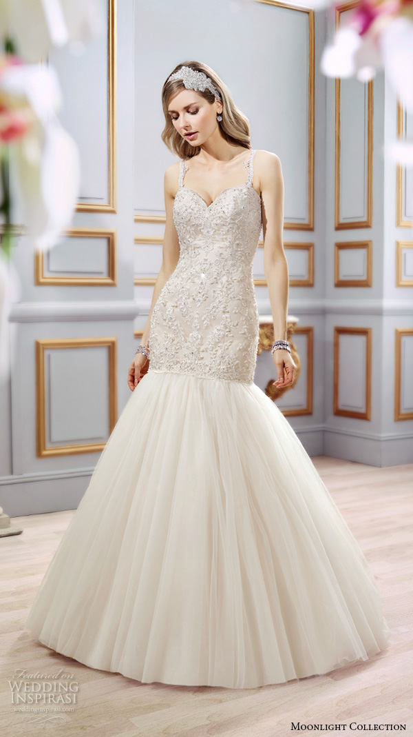 Moonlight collection spring 2016 wedding dresses beautiful mermaid gown trumpet fit flare lace thin spagetti strap sweetheart neckline embroidery lace tulle low back j6400