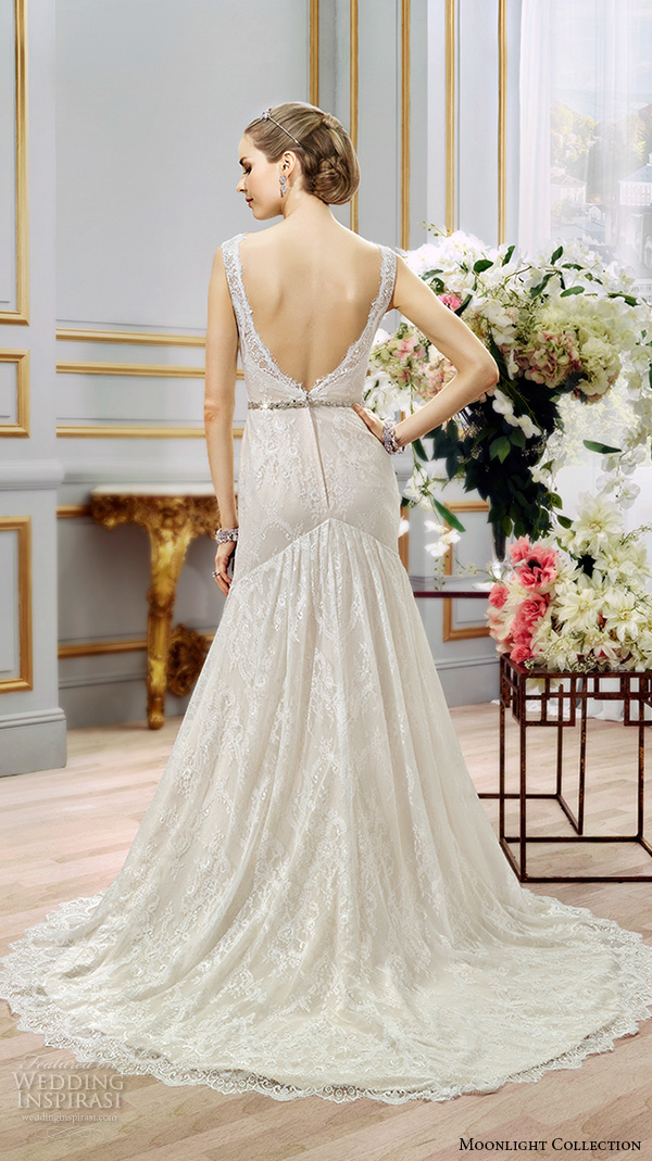 Moonlight collection spring 2016 wedding dresses beautiful modified a line gown boat neckline sleeveless lace j6394 open v back