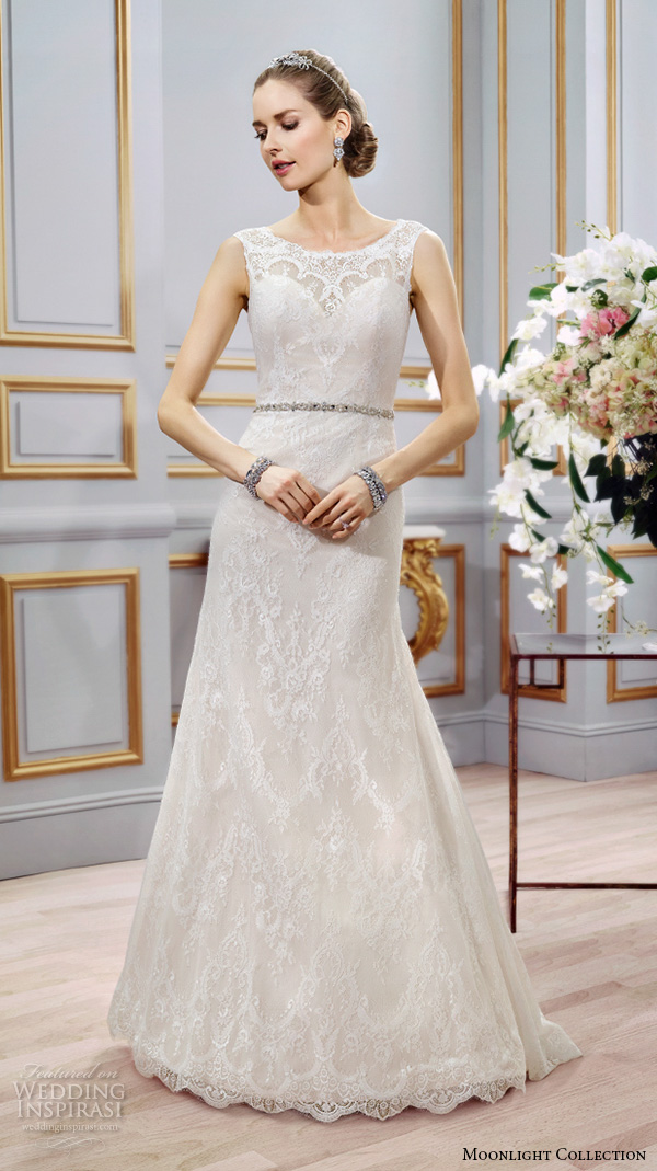 Moonlight collection spring 2016 wedding dresses beautiful modified a line gown boat neckline sleeveless lace j6394