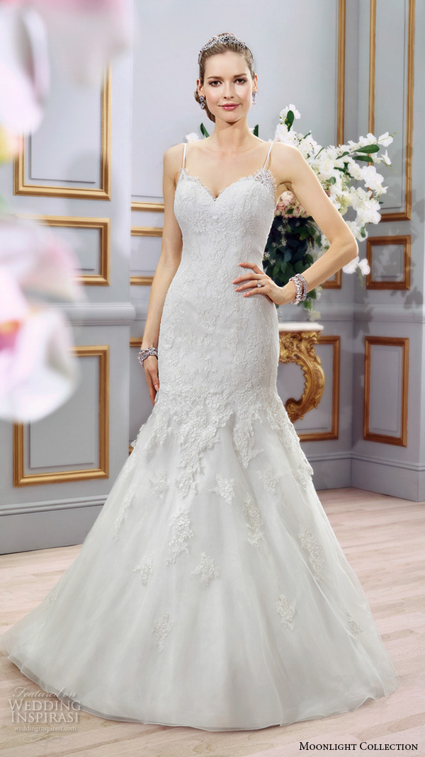 Moonlight collection spring 2016 wedding dresses elegant mermaid gown fit flare trumpet spagetti strap sweetheart neckline