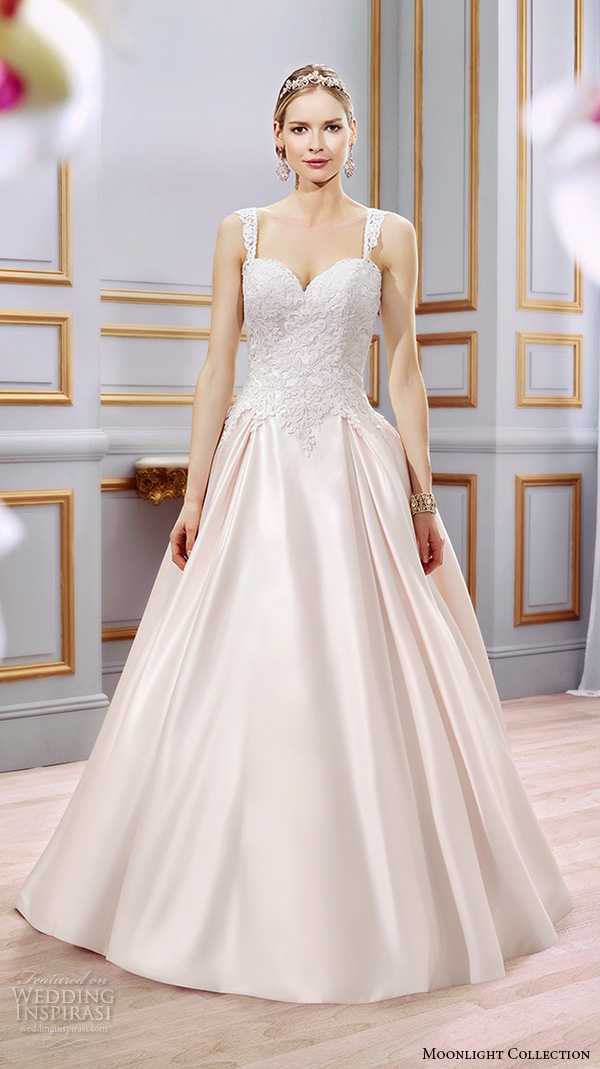 Moonlight collection spring 2016 wedding dresses pretty a line gown lace strap sweetheart neckline embroidered bodice satin skirt blush j6392