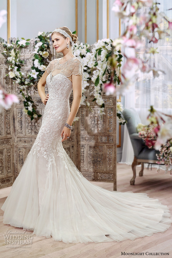 Moonlight collection spring 2016 wedding dresses stunning mermaid gown trumpet fit flare sweetheart neckline embroidered beaded caplet j6399 side