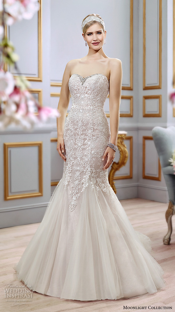 Moonlight collection spring 2016 wedding dresses stunning mermaid gown trumpet fit flare sweetheart neckline strapless embroidered bodice j6399