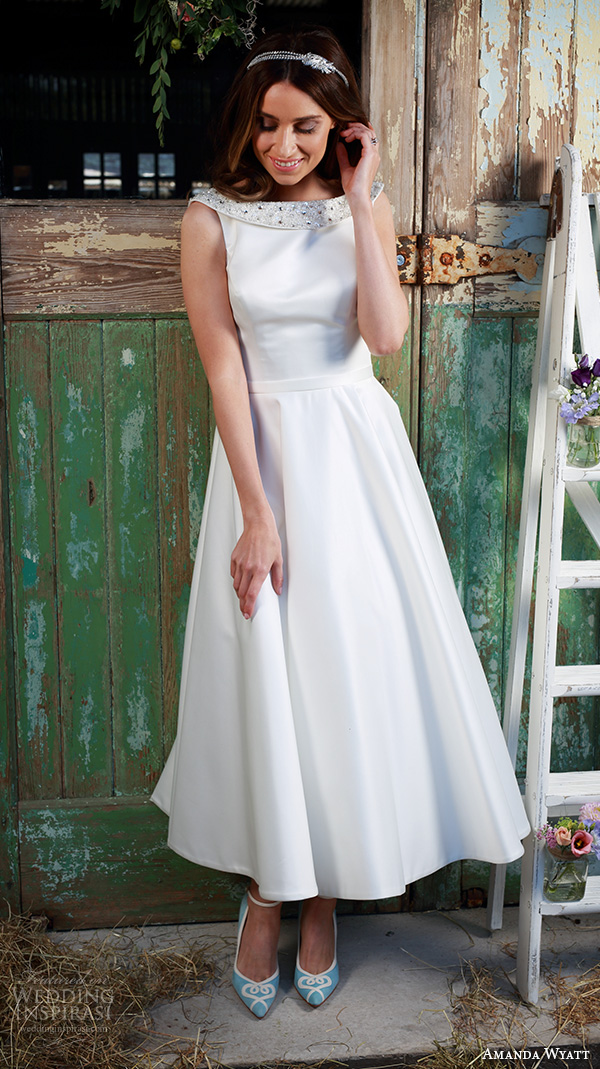 amanda wyatt 2016 bridal dresses pretty tea length short wedding dress boat neckline satin simple style aria