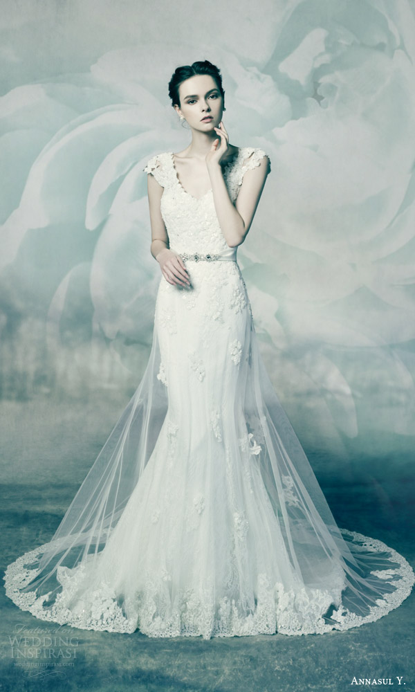 annasul y bridal 2016 coral cap sleeve lace wedidng dress sheer over skirt