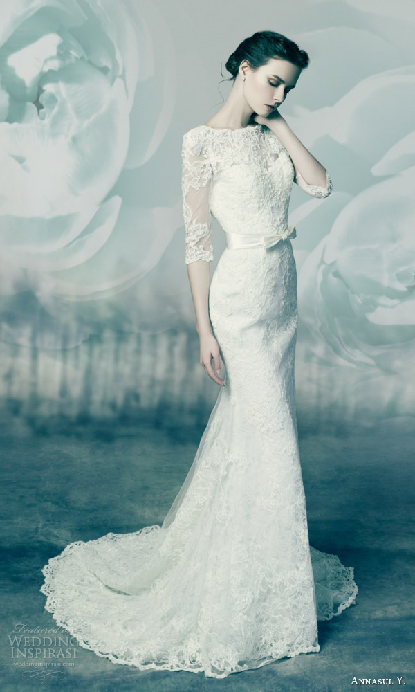 annasul y bridal 2016 quartz sheath wedding dress three quarter lace sleeves scalloped neckline