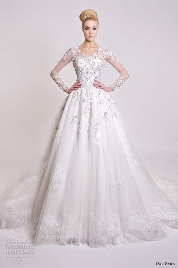 dar sara bridal 2016 wedding dresses beautiful a line ball gown scoop neckline sheer long sleeves embroidered beaded embellishment