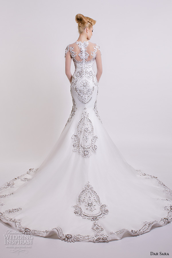 dar sara bridal 2016 wedding dresses beautiful fit flare mermaid gown beaded embellishment illusion long sleeves back view