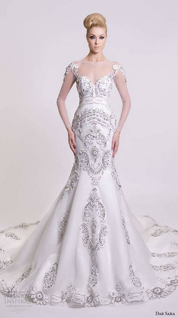 dar sara bridal 2016 wedding dresses beautiful fit flare mermaid gown beaded embellishment illusion long sleeves