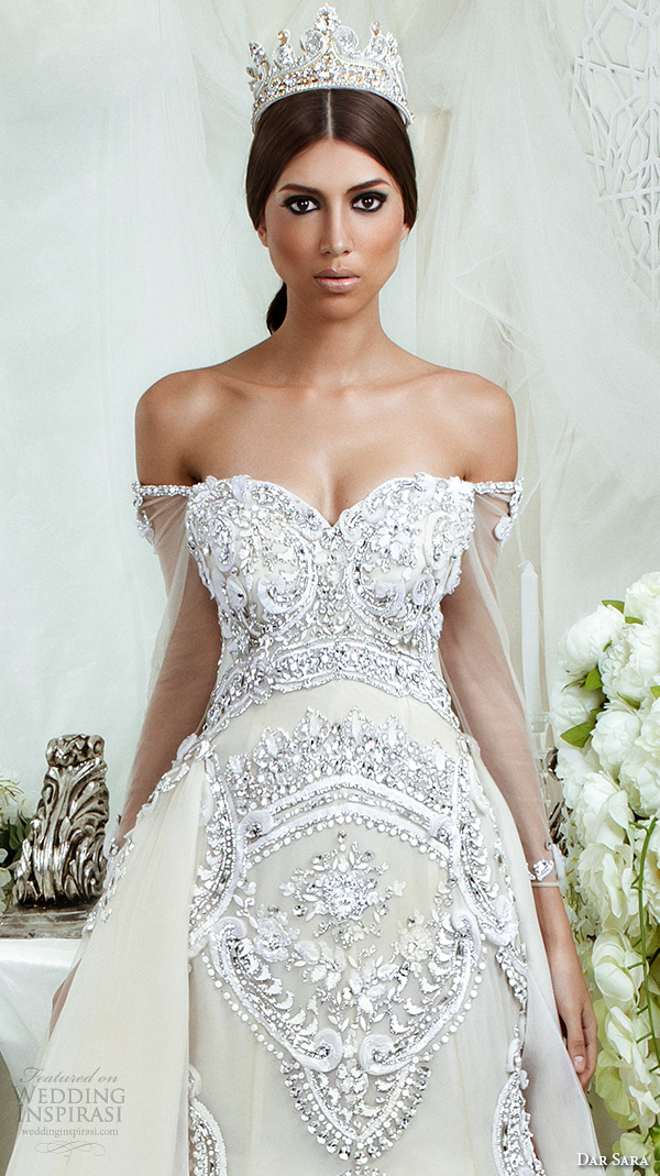 dar sara bridal 2016 wedding dresses extravagant a line gown off the shoulder strap sweetheart neckline embellishment embroidery closeup