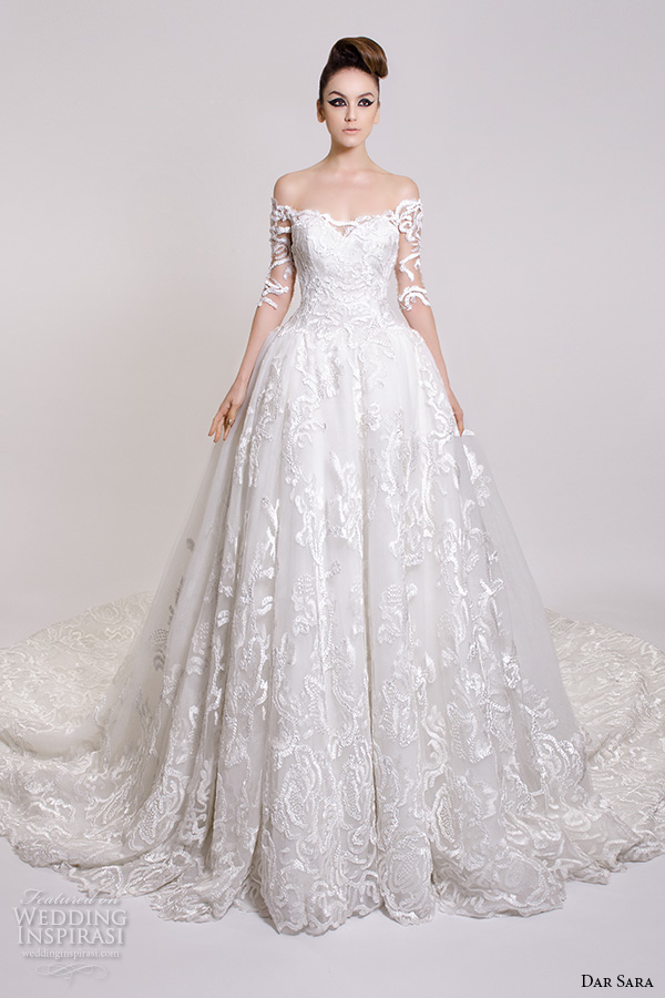 dar sara bridal 2016 wedding dresses pretty ball gown off the shoulder half filigree sleeves sweetheart neckline