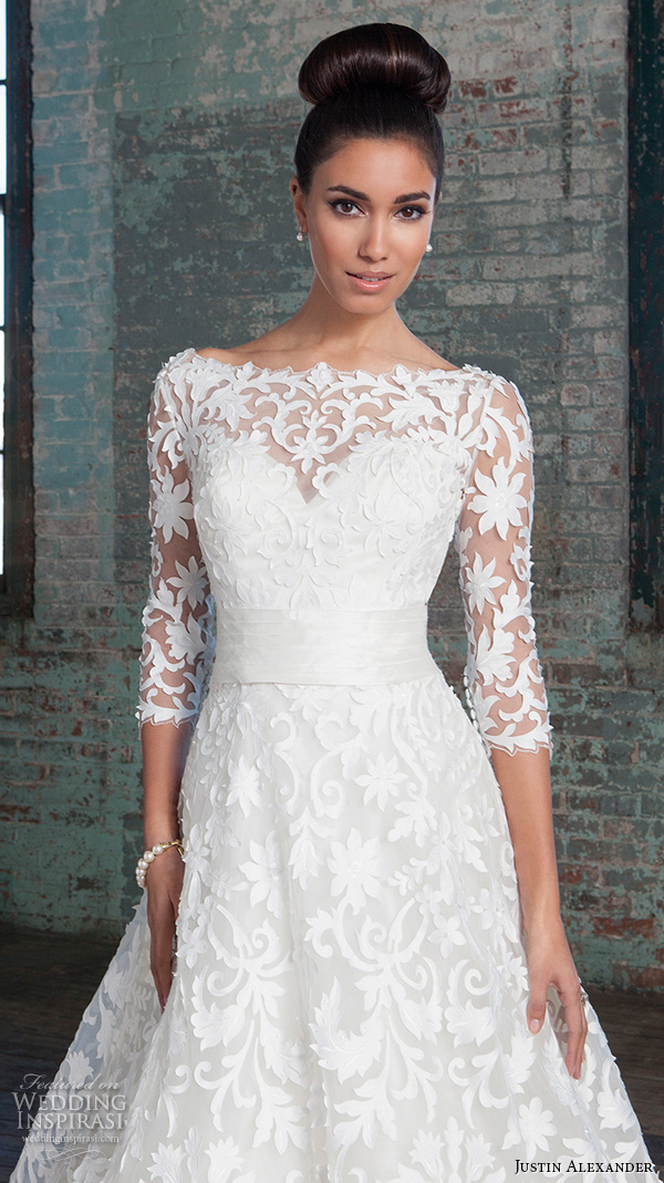 justin alexander signature spring 2016 beautiful a line wedding dress filigree lace three quarter sleeves 3 4 lace gown 9815 closeup