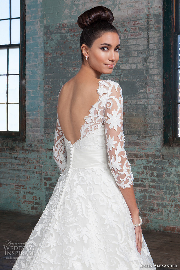 justin alexander signature spring 2016 beautiful a line wedding dress filigree lace three quarter sleeves 3 4 lace gown 9815 open back chapel train closeup