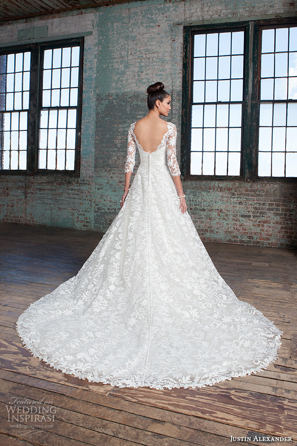 justin alexander signature spring 2016 beautiful a line wedding dress filigree lace three quarter sleeves 3 4 lace gown 9815 open back chapel train