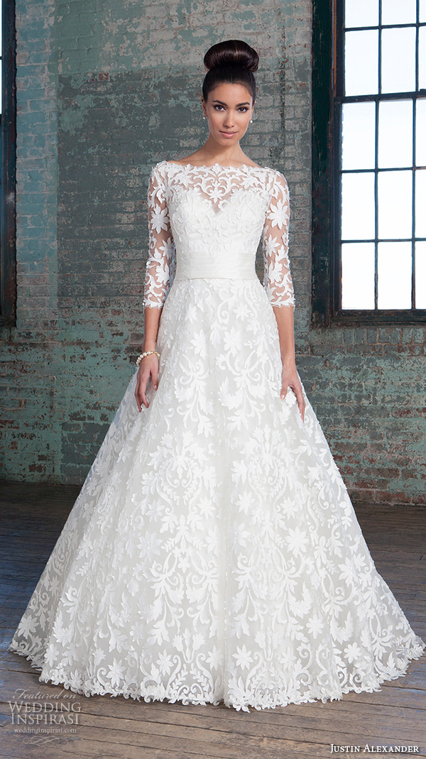 justin alexander signature spring 2016 beautiful a line wedding dress filigree lace three quarter sleeves 3 4 lace gown 9815