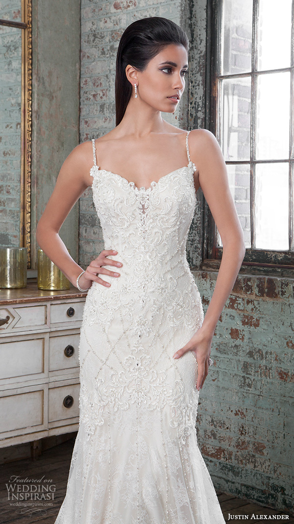 justin alexander signature spring 2016 beautiful mermaid wedding dress fit flare trumpet spagetti strap sweetheart neckline beaded applique 9819 closeup