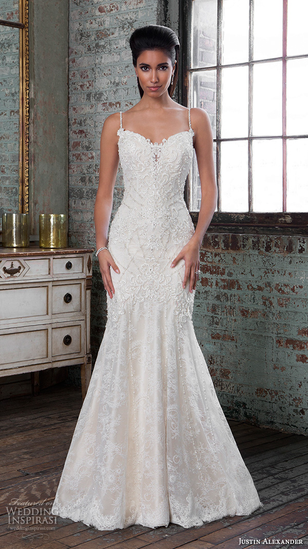 justin alexander signature spring 2016 beautiful mermaid wedding dress fit flare trumpet spagetti strap sweetheart neckline beaded applique 9819