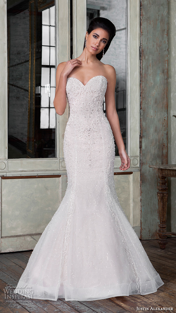 justin alexander signature spring 2016 beautiful stunning mermaid fit flare trumpet wedding dress strapless sweetheart neckline lace embroidery 9820