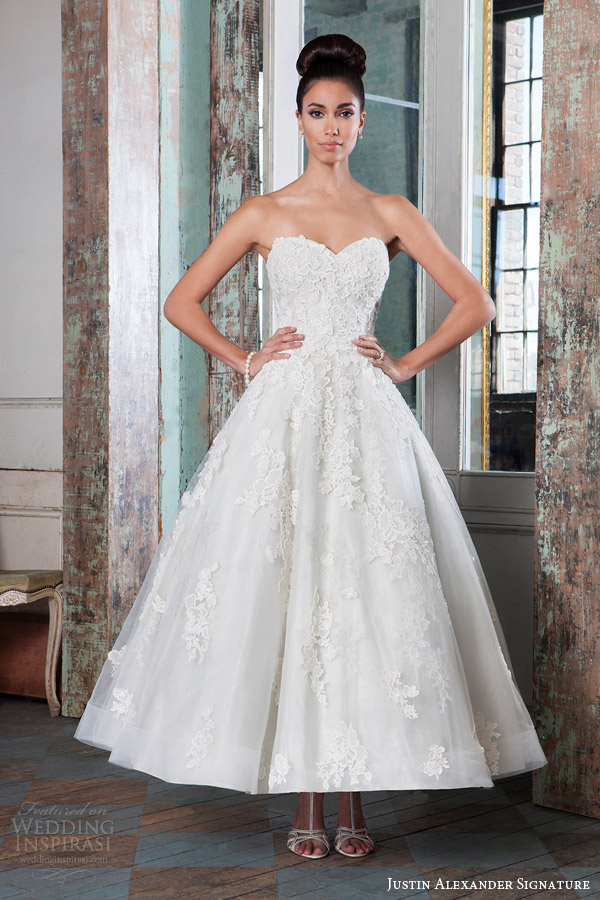 justin alexander signature spring 2016 bridal 1950s tea length wedding dress strapless sweetheart neckline lace appliques style 9800