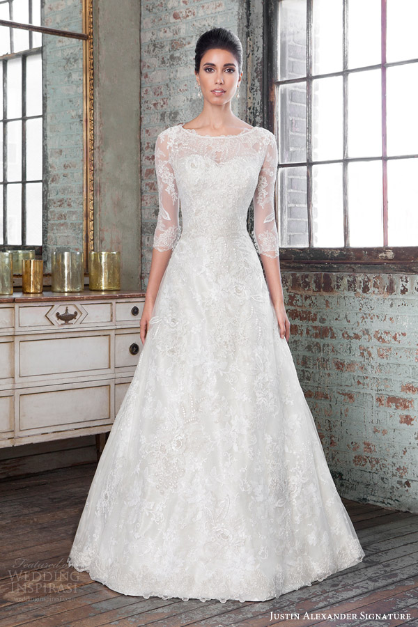 justin alexander signature spring 2016 elegant wedding dress beaded lace appliques three quarter sleeves style 9801