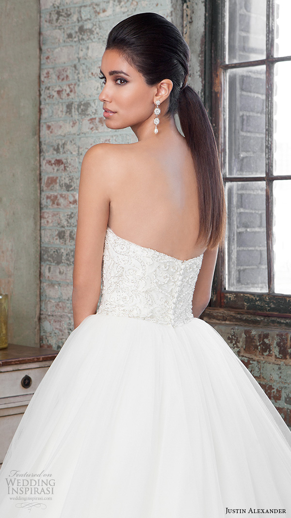 justin alexander signature spring 2016 gorgeous wedding ball gown strapless beaded embroidery bodice 9811 back view closeup