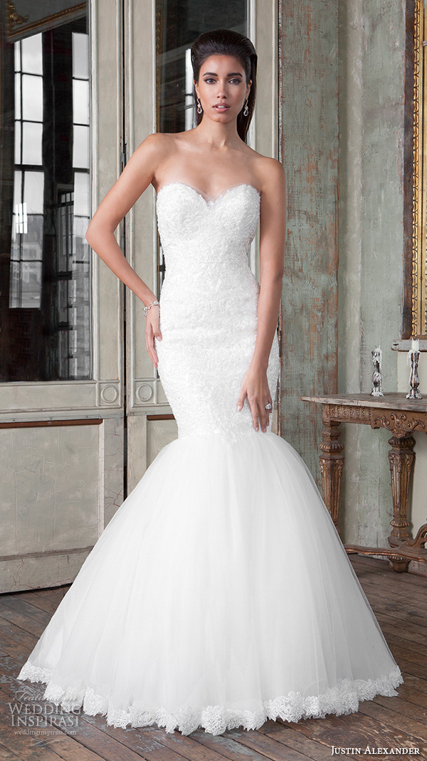justin alexander signature spring 2016 pretty mermaid wedding dress strapless sweetheart neckline lace embroidery 9814