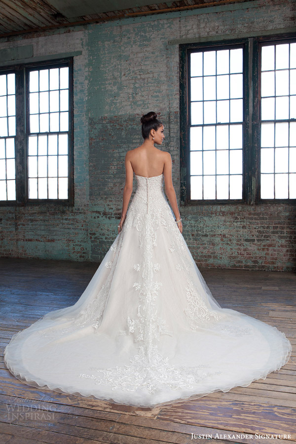 justin alexander signature spring 2016 strapless ball gown beaded embroidered lace chantilly organza underlay beaded metallic lace wedding dress style 9805 back view train