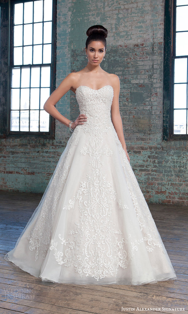 justin alexander signature spring 2016 strapless ball gown beaded embroidered lace chantilly organza underlay beaded metallic lace wedding dress style 9805
