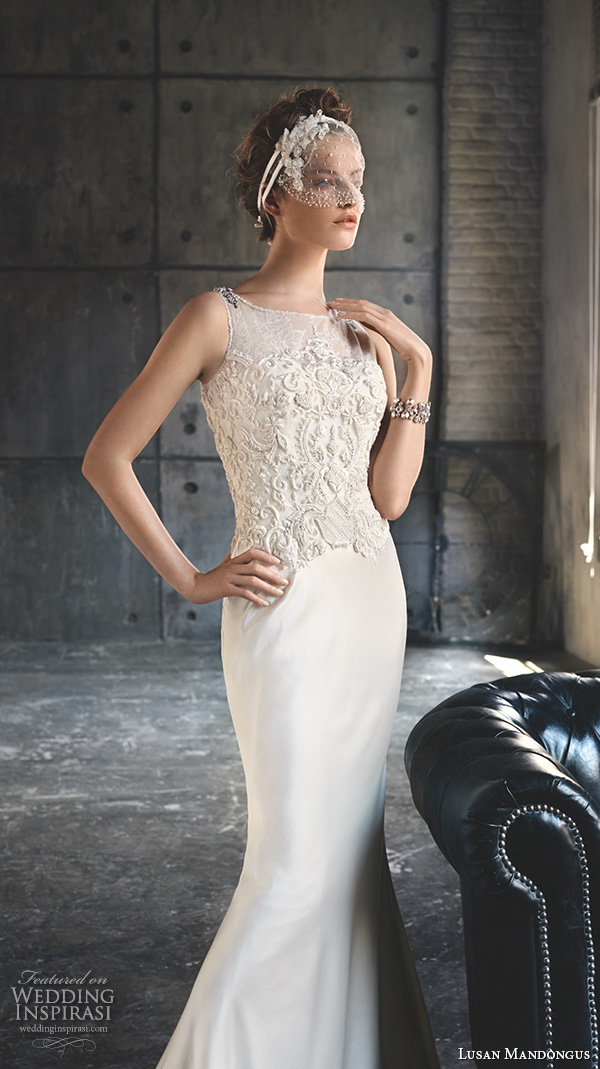 lusan mandongus 2016 wedding dresses boat bateau neckline sleeveless embroidered bodice elegant sheath gown enif