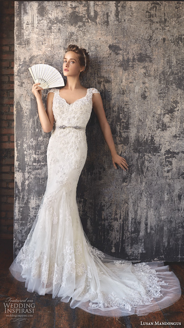 lusan mandongus 2016 wedding dresses cap sleeves scallop v neckline beaded embroidered slim fit flare pretty mermaid gown menkent