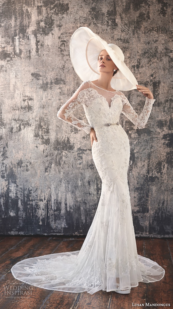 lusan mandongus 2016 wedding dresses long lace sleeves sheer bateau neckline deep v neck embroidered bodice beautiful sheath mermaid gown murzim