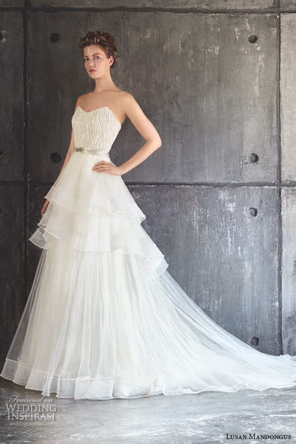 lusan mandongus 2016 wedding dresses strapless sweetheart neckline beaded bodice layered tiered a line gown polaris