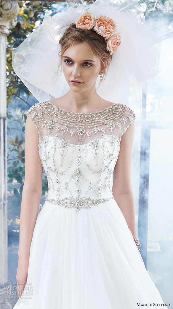 maggie sottero fall 2015 wedding dresses beautiful a line gown bateau beaded jeweled neckline cap sleeves crystal embellishment bodice  leandra closeup