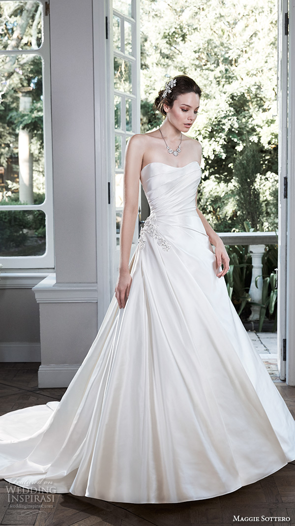 maggie sottero fall 2015 wedding dresses beautiful a line satin gown strapless pleated bodice semi sweetheart neckline sareya