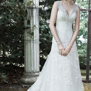 maggie sottero fall 2015 wedding dresses beautiful modified a line gown thick lace strap v neckline lace crystal pearl tulle skirt katiya