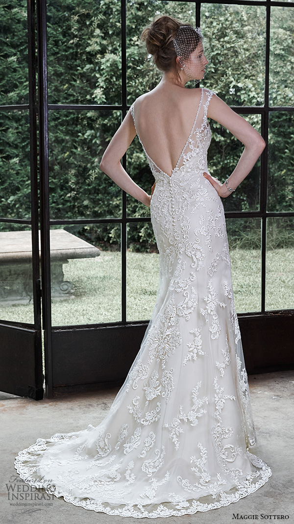 maggie sottero fall 2015 wedding dresses beautiful sheath gown bateau neckline cap sleeves lace embroidery open low back nanette back