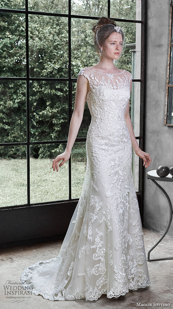 maggie sottero fall 2015 wedding dresses beautiful sheath gown bateau neckline cap sleeves lace embroidery open low back nanette