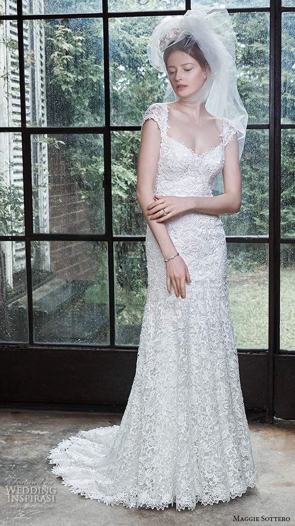 maggie sottero fall 2015 wedding dresses beautiful sheath gown lace cap sleeves lace embroidery sweetheart neckline scoop back luella