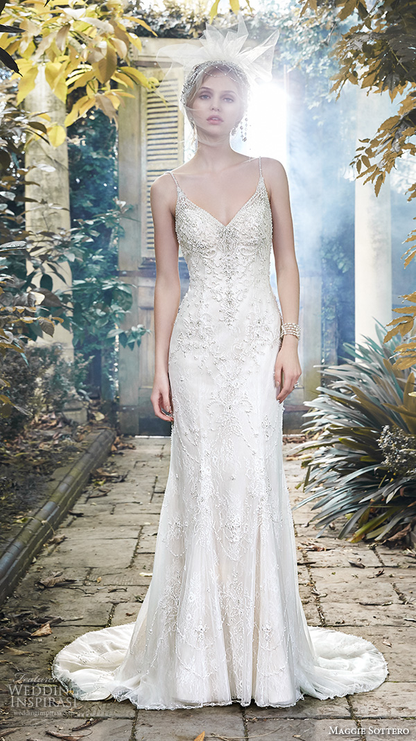 maggie sottero fall 2015 wedding dresses beautiful sheath gown spagetti strap v neckline pearl beaded bodice miela  