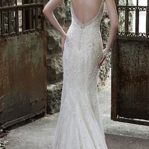maggie sottero fall 2015 wedding dresses beautiful sheath gown spagetti strap v neckline pearl beaded bodice miela back