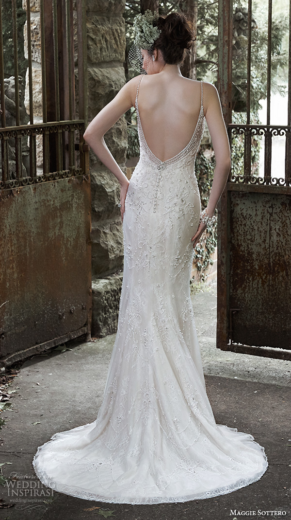 maggie sottero fall 2015 wedding dresses beautiful sheath gown spagetti strap v neckline pearl beaded bodice miela back