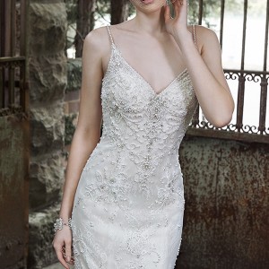 maggie sottero fall 2015 wedding dresses beautiful sheath gown spagetti strap v neckline pearl beaded bodice miela closeup