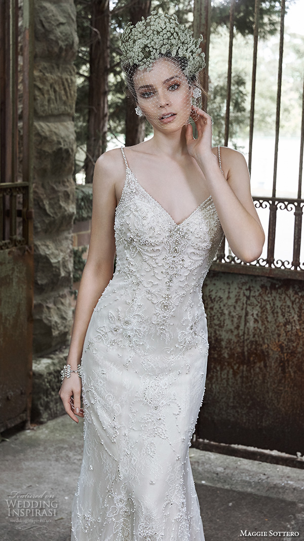 maggie sottero fall 2015 wedding dresses beautiful sheath gown spagetti strap v neckline pearl beaded bodice miela closeup