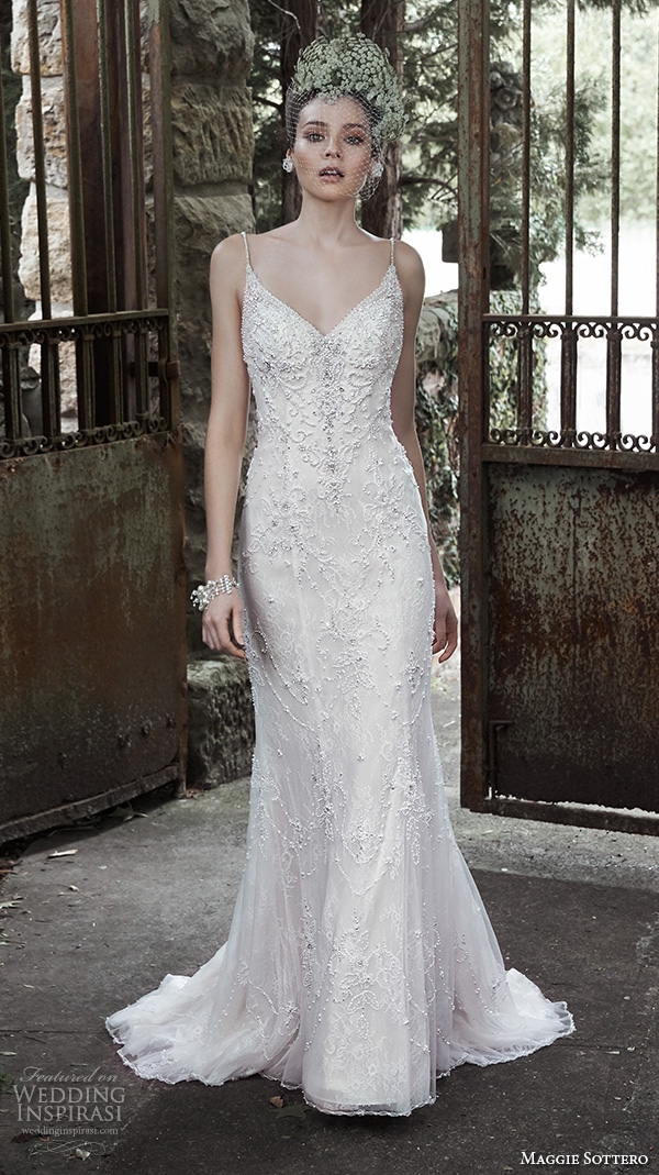 maggie sottero fall 2015 wedding dresses beautiful sheath gown spagetti strap v neckline pearl beaded bodice miela