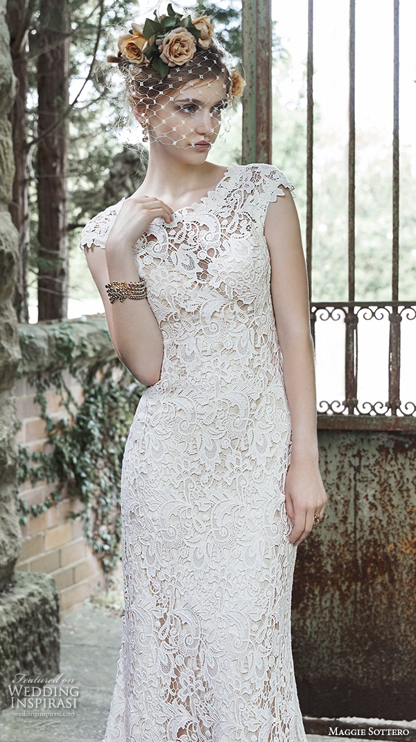 maggie sottero fall 2015 wedding dresses gorgeous stunning sheath gown jewel neckline cap sleeves trudy closeup