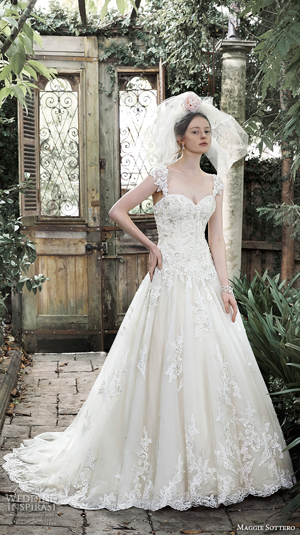 maggie sottero fall 2015 wedding dresses pretty a line bridal ball gown detachable straps strapless sweetheart neckline  lace pearl embellishment dallsandra closeup  