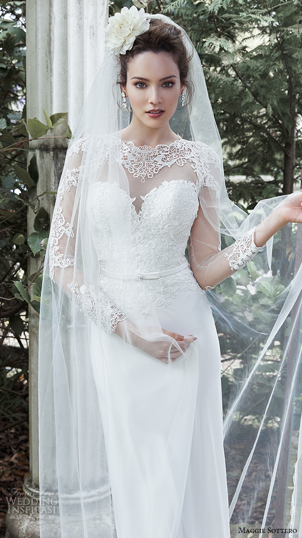 maggie sottero fall 2015 wedding dresses romantic sheath gown sheer sweetheart neckline lace long sleeves lace appliques vaughn closeup