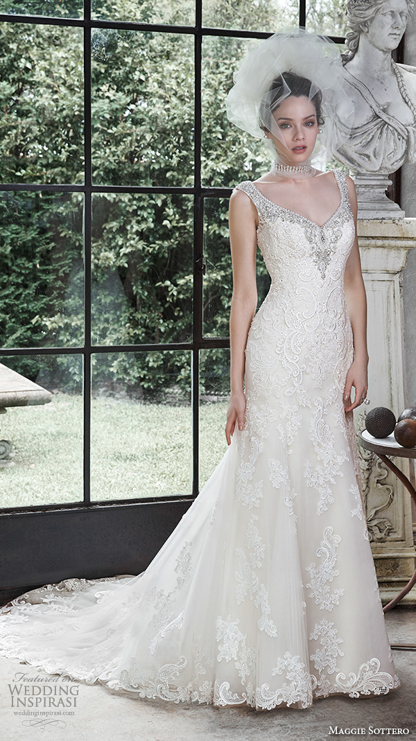 maggie sottero fall 2015 wedding dresses stunning beautiful a line gown beaded strap v neckline lace embroidery darija