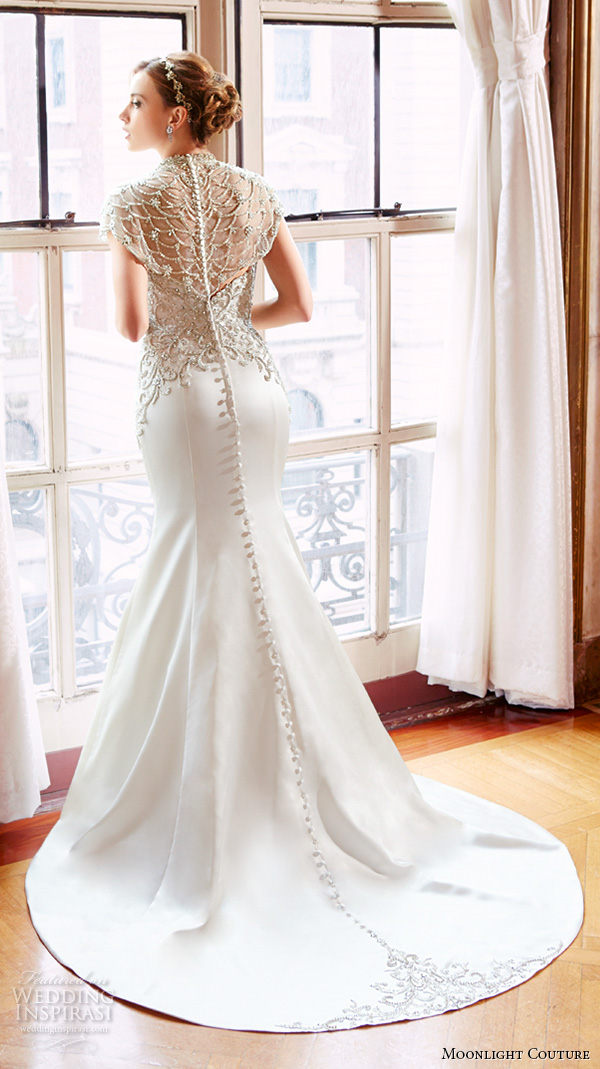 moonlight couture spring 2016 wedding dresses high neck illusion beaded neckline filigree beaded embroidery fit flare trumpet elegant mermaid gown h1295 back