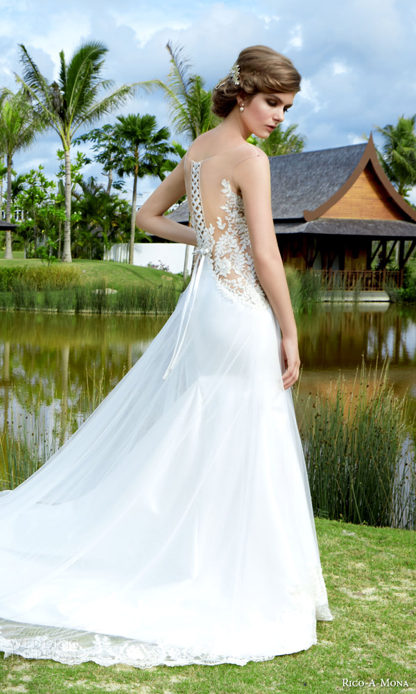 rico a mona 2015 resort collection sheath wedding dress illusion cap sleeve neckline sheer overskirt back view train zoom